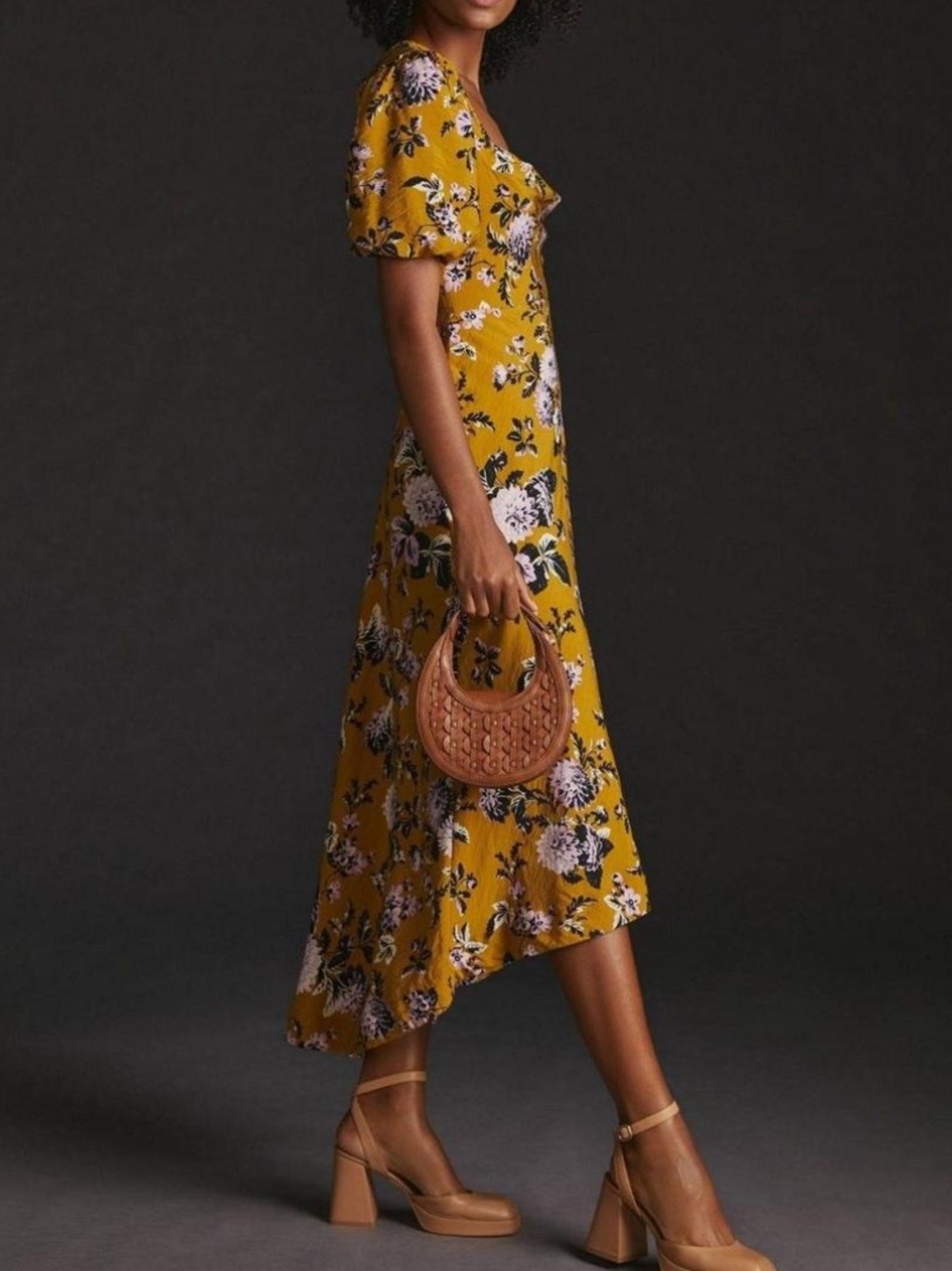 Anthropologie Maeve Floral High Low Midi Dress Mustard Flutter Sleeve 6